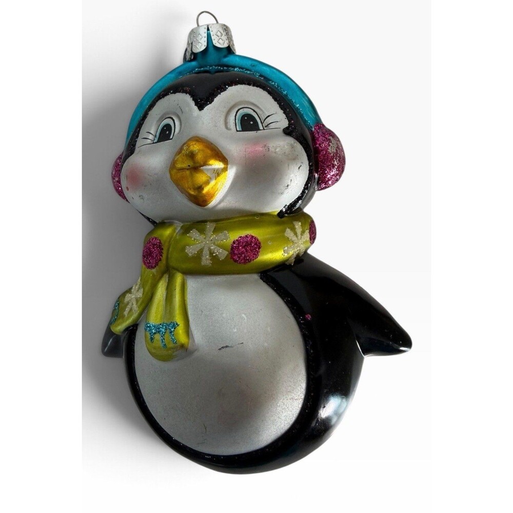 Penguin In Scarf & Earmuffs Glass Christmas Ornament Winter Holiday 4.5in